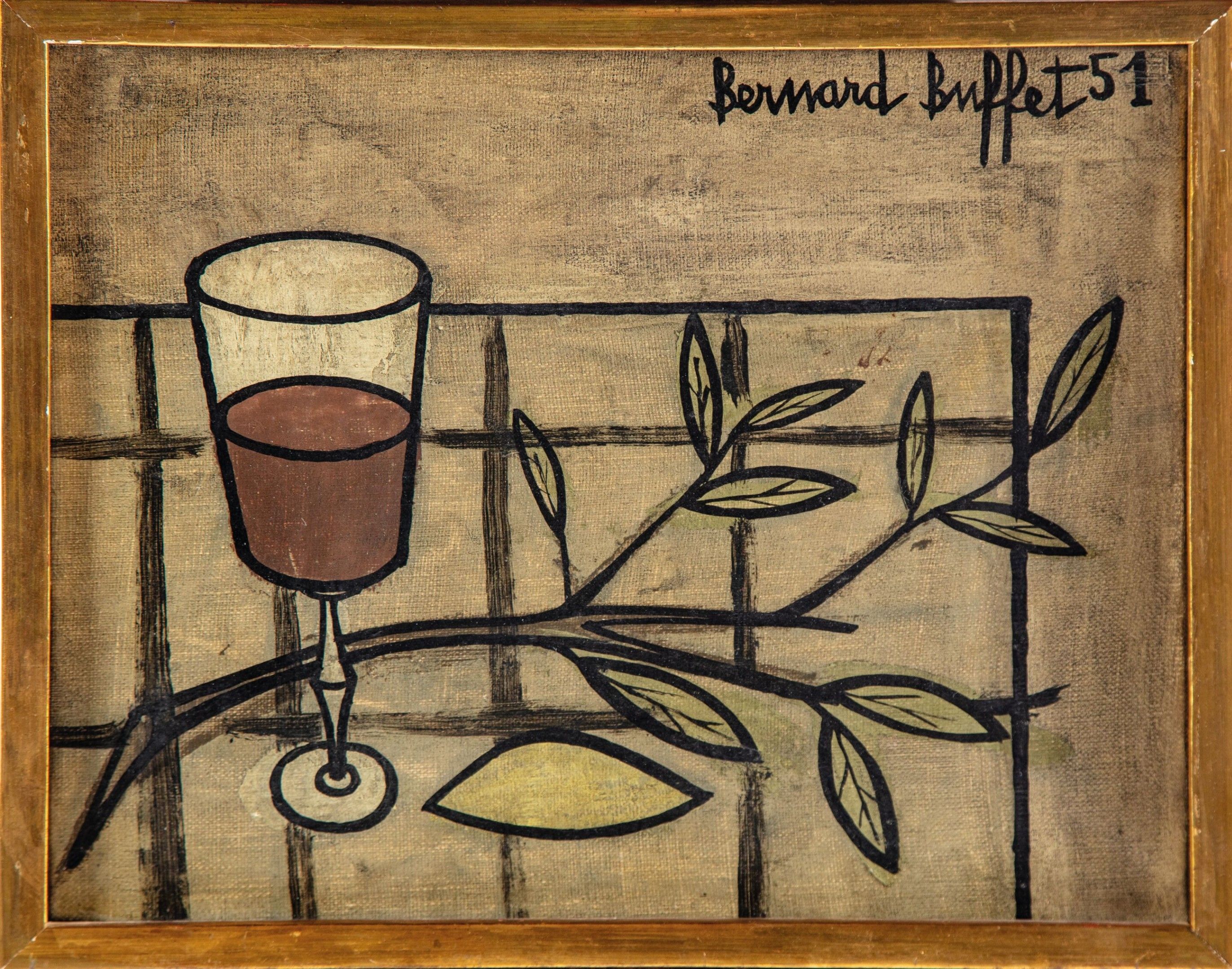Bernard BUFFET (1928-1999)"Verre de vin, citron et branche d'olivier", 1951 Huile sur toile, signée en haut à droite et datée "51"