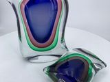 pair of muranoni glass vases with blue, green, and pink accents
