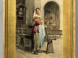an old painting of a woman sitting on a bench next to a clock
