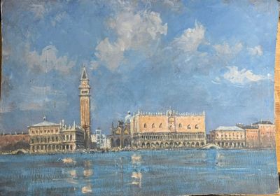 un tableau représentant une vue d'une ville avec une tour horloge