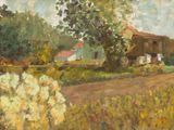 une peinture à l'huile représentant une route de campagne avec une grange en arrière-plan