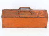 an old wooden tool box with a handle on a white background