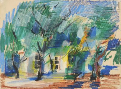 une image d'un dessin représentant une maison et des arbres dans un champ