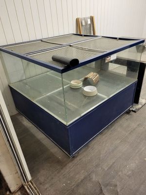 une vitrine en verre dans le coin d'une pièce