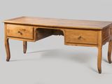 an old wooden desk with two drawers and a drawer underneath it