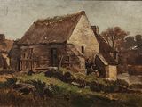 un vieux tableau représentant une scène de vie à la ferme, avec un homme debout devant une grange