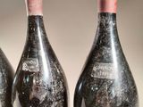 three empty wine bottles sitting on top of a table covered in dirt