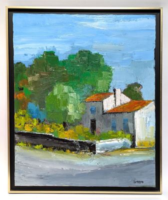 an oil painting of a house and a boat on the water