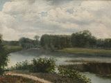painting of a landscape with a river and trees in the foreground