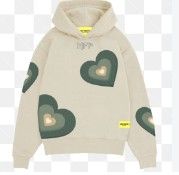 a white hoodie with green hearts on it on a checkered background