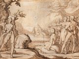 an image of a drawing of a group of naked men in a wooded area