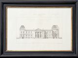 an old drawing of a large building with a clock tower