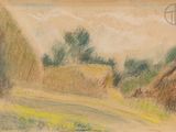 dessin représentant une scène de vie à la ferme, avec des balles de foin et des arbres en arrière-plan