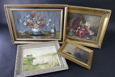 Lot de 4 tableaux: - MARIO: "Vase de fleurs", panneau signé … - Photo 1