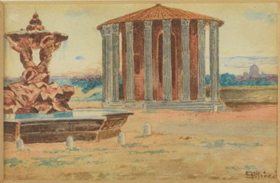 une image représentant un tableau d'un bâtiment avec une fontaine devant