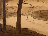 a painting of a man walking in the woods
