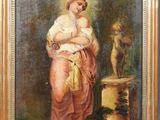 une peinture à l'huile représentant une femme tenant un enfant dans ses bras