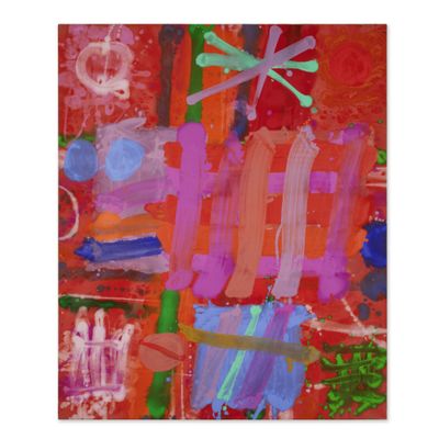 peinture abstraite représentant une table rouge sur laquelle sont disposés divers objets colorés