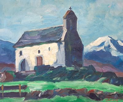 une peinture à l'huile représentant une église sur une colline, avec un cheval au premier plan
