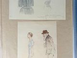 two drawings of a woman in a hat and a man in a dress