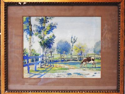 painting of a horse in a fenced in area with trees and a bench