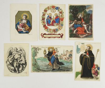 quatre cartes religieuses sur lesquelles figurent des personnes et des animaux