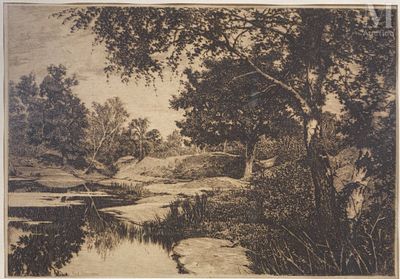 dessin représentant un paysage avec une rivière et des arbres au premier plan