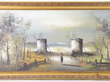 a painting of two windmills in a field near a body of water