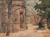 a painting of two people standing outside of a building