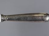 a silver spoon with a black handle on a gray surface