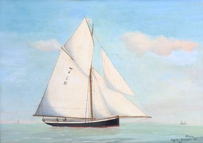 une peinture à l'huile représentant un voilier en pleine mer par une journée ensoleillée