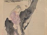 a painting of a woman sitting on a tree with a dog