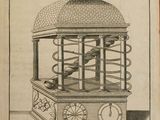 drawing of a bird in a cage with a clock on top of it