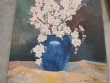 a painting of a blue vase with white flowers in it