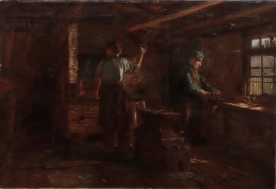 painting of two men working in a workshop, one of them is working on a piece of wood