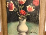 a picture of a painting of flowers in a vase on a table