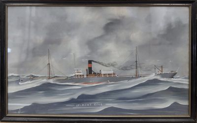 une peinture à l'huile représentant un navire dans une mer agitée, d'où s'échappe de la fumée par la cheminée