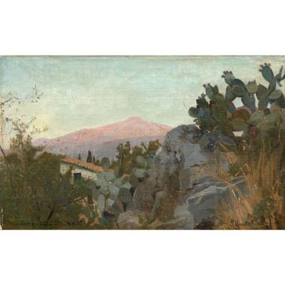 un tableau représentant un paysage désertique avec des cactus et des montagnes en arrière-plan