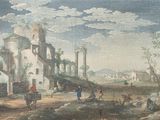 a painting of a village scene with a man on a horse in the foreground