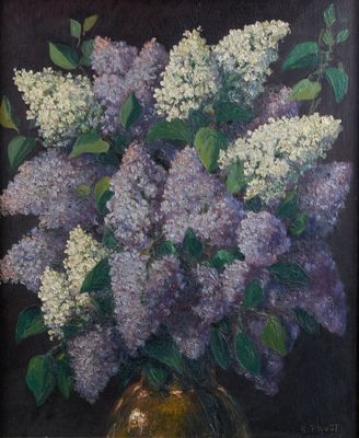 peinture représentant un vase de lilas dans un vase doré sur fond noir