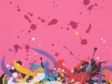 an image of a painting of colorful paint splatters on a pink background