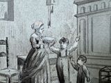 a drawing of a woman and two children in a room