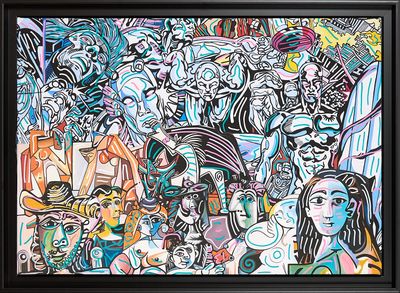 tableau représentant un grand groupe de personnes, dans un cadre noir