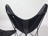 black leather butterfly chair with a black umbrella on a white background