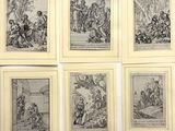 six gravures anciennes représentant des personnages et des animaux dans un décor boisé