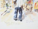 a watercolor painting of a man walking down the street