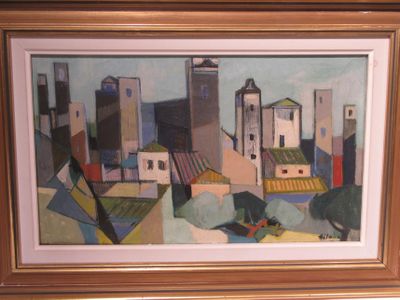 painting of a view of a city with buildings in the background