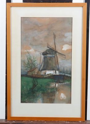 painting of a windmill in a field next to a body of water