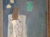 une peinture représentant un vase avec des fleurs sur une table