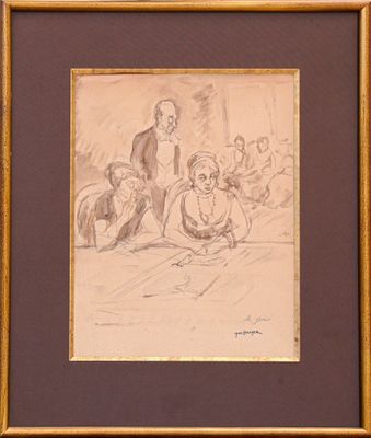drawing of a man and a woman sitting on a bench in front of a group of people